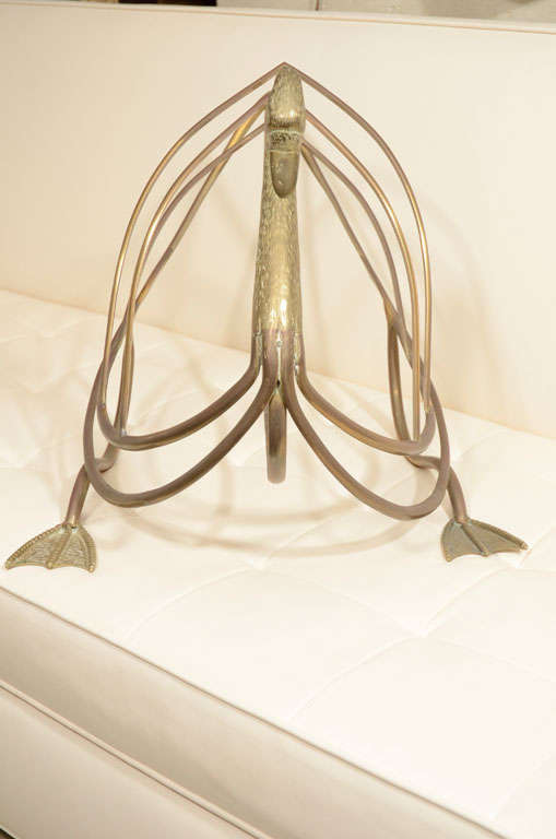 Hand-Crafted Brass Magazine Stand, Swan, C 1950, Polished Brass, for Books & Magazines, Italy For Sale