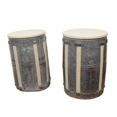 Pair of Steel Barrel Side Tables with Wood Top