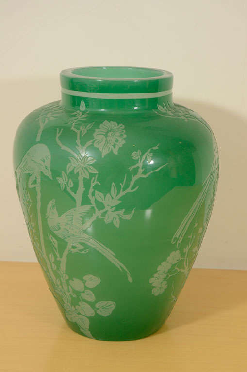American Steuben Acid-Cutback Vase, Bird Design For Sale