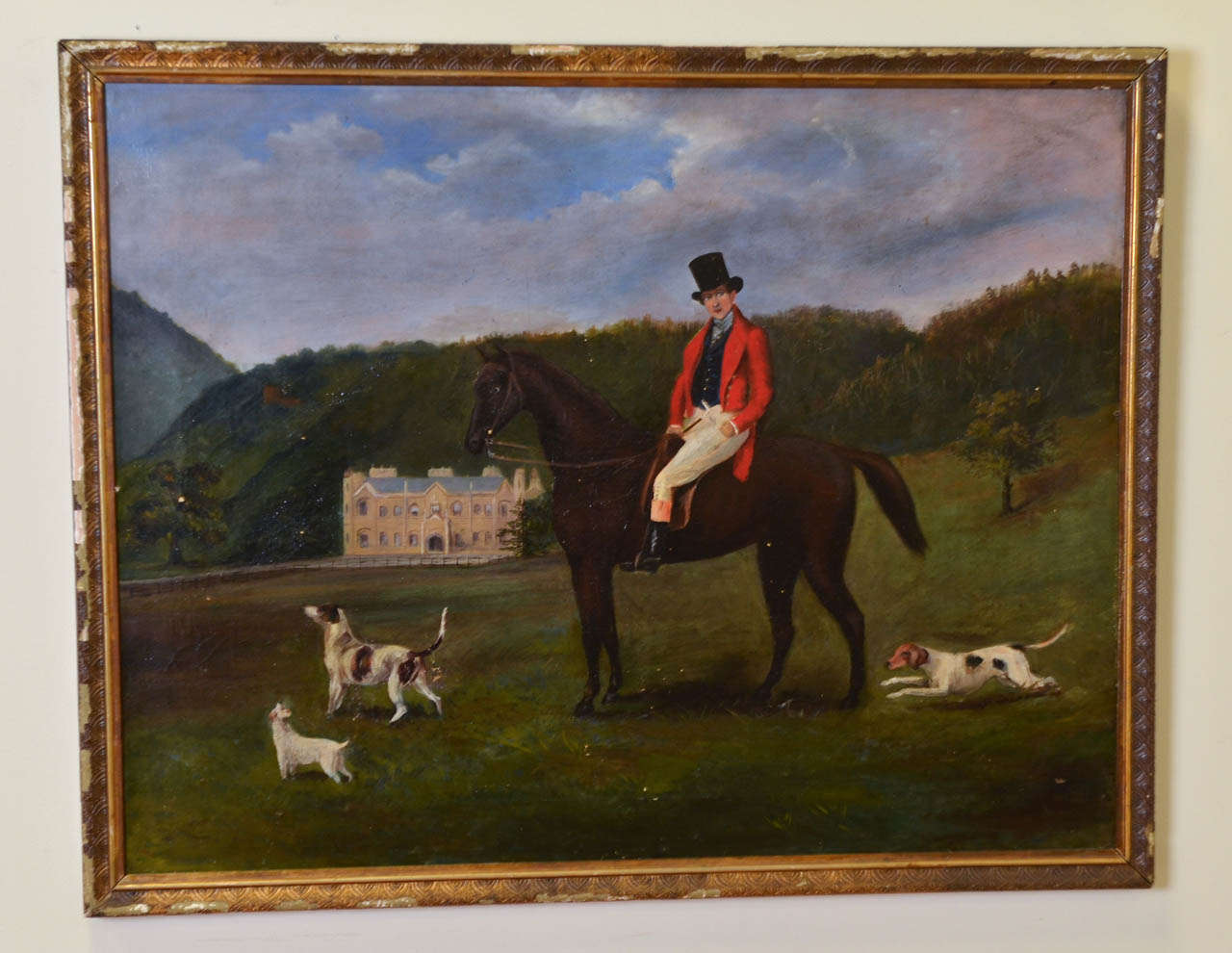 This oil painting of an English gentleman on horseback is in wonderful condition,  The colors are very good considering the age.  There is a manor home in the background and wonderful hunting dogs with the hunter.

Item # 3390G