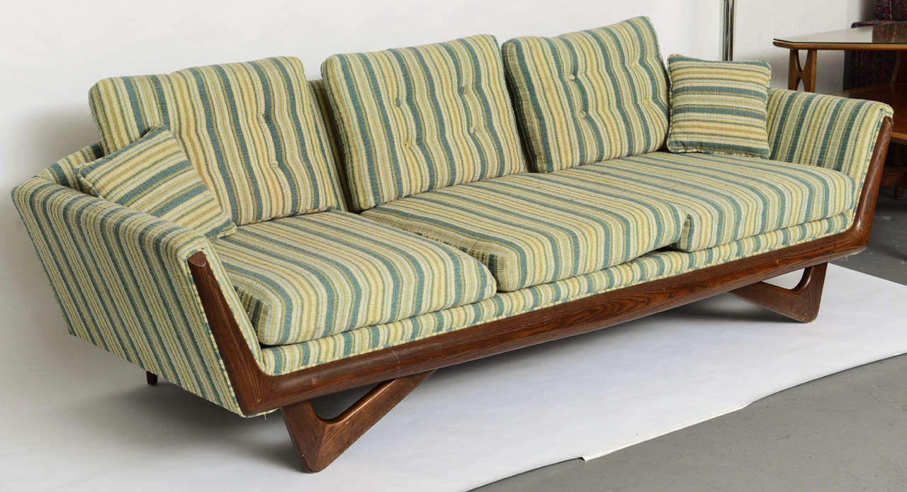 Beautiful, iconic Adrian Pearsall Boomerang Sofa with Walnut Trim and Original Striped Upholstery 1960