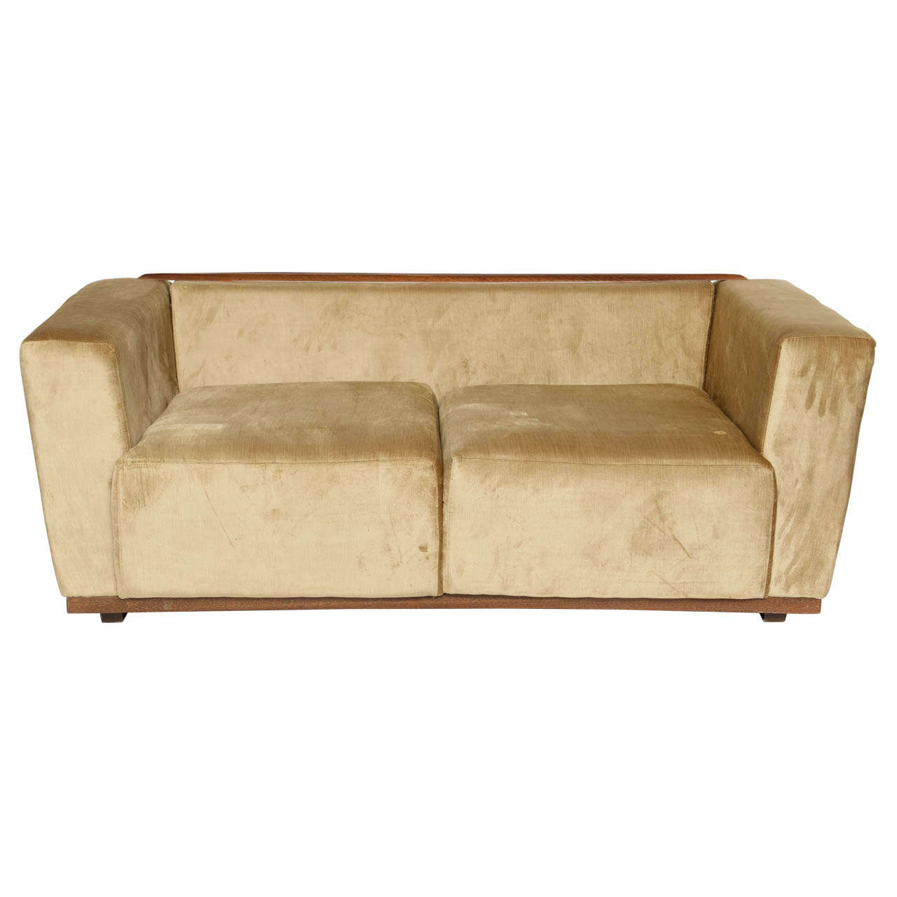 Beautiful Saccaro Velvet Love Seat with Walnut Trim, 21st Century For Sale