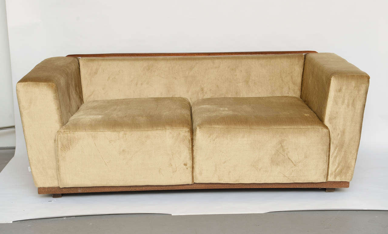 Beautiful Saccaro Velvet Love Seat with Walnut Trim, 21st Century For