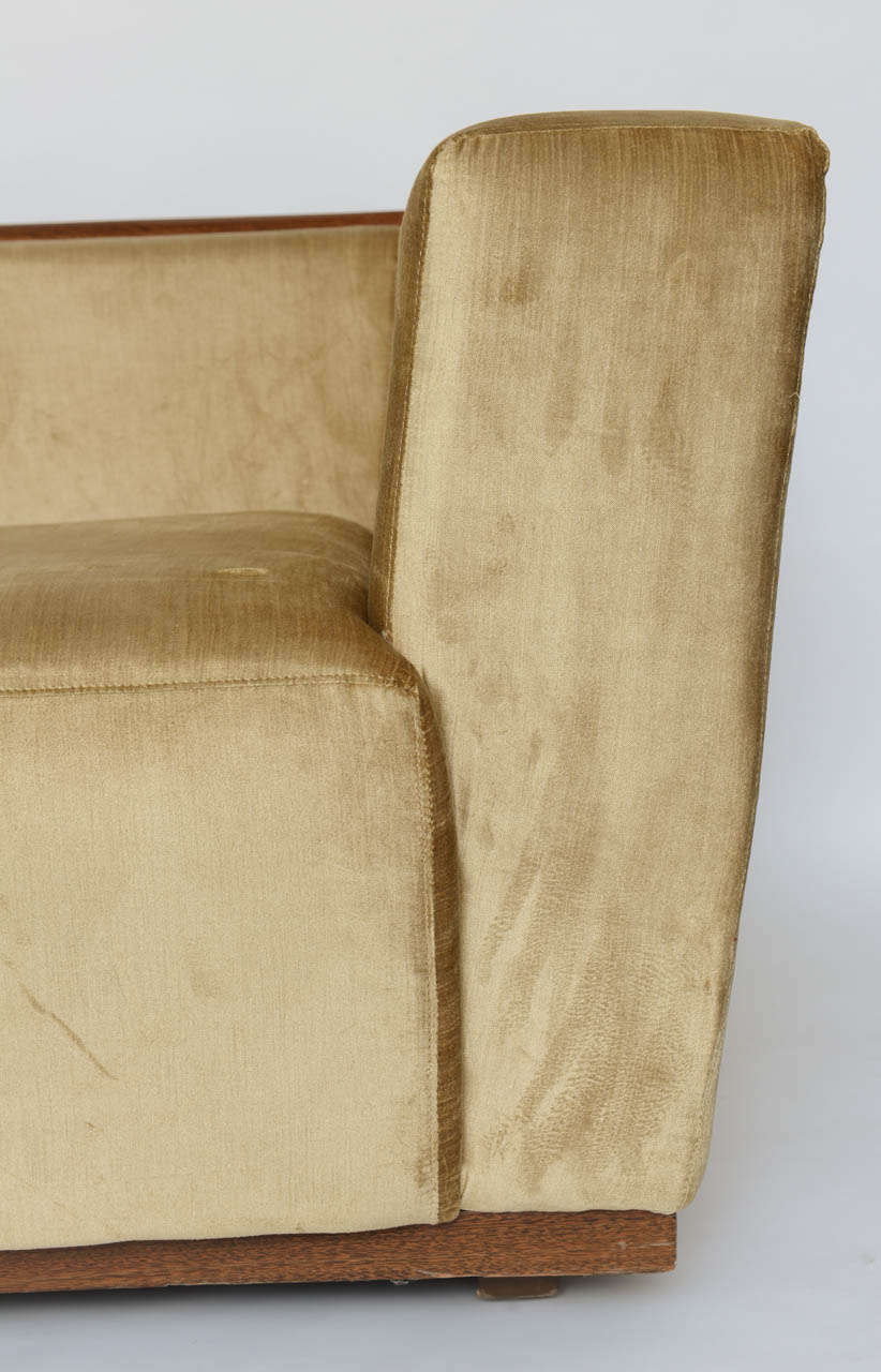 Beautiful Saccaro Velvet Love Seat with Walnut Trim, 21st Century For