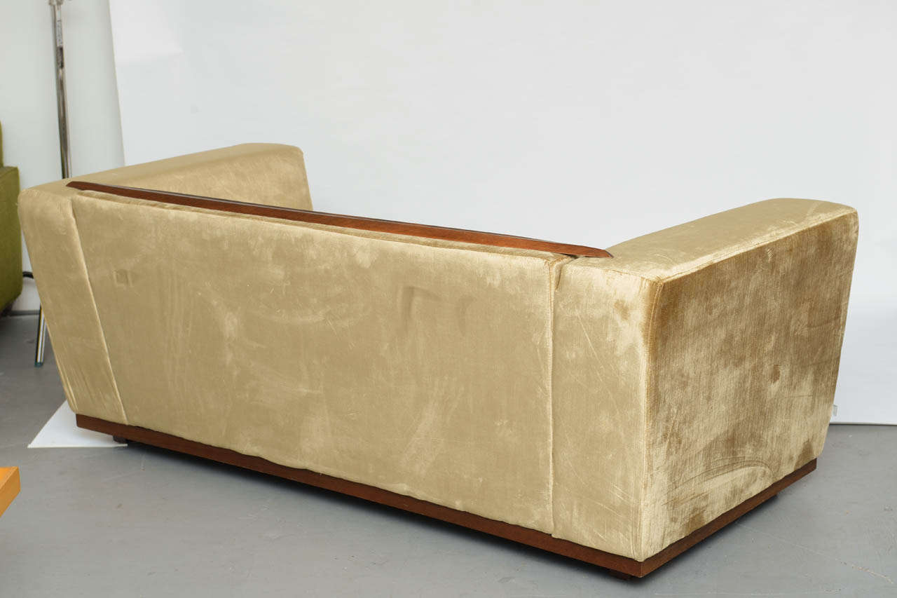 Beautiful Saccaro Velvet Love Seat with Walnut Trim, 21st Century For