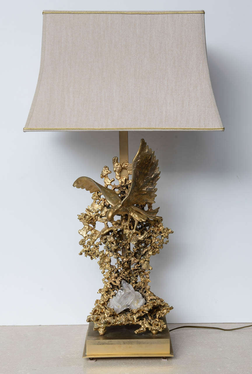 Baroque Claude Victor Boeltz Sculptural Metal Table Lamp and rock cristal inclusion For Sale