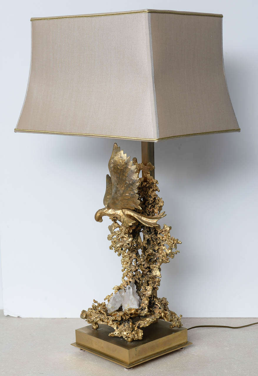 Gilt Claude Victor Boeltz Sculptural Metal Table Lamp and rock cristal inclusion For Sale