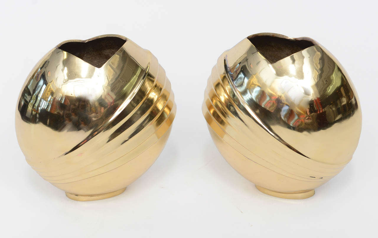 American Pair of Sculptural Polished Brass Vases