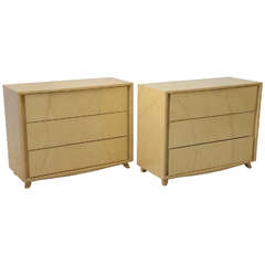 Pair of American Modern Parchment Three-Drawer Chests, Gilbert Rhode 