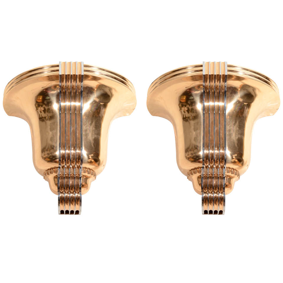 Awesome Pair of Art Deco Polished Bronze Sconces For Sale