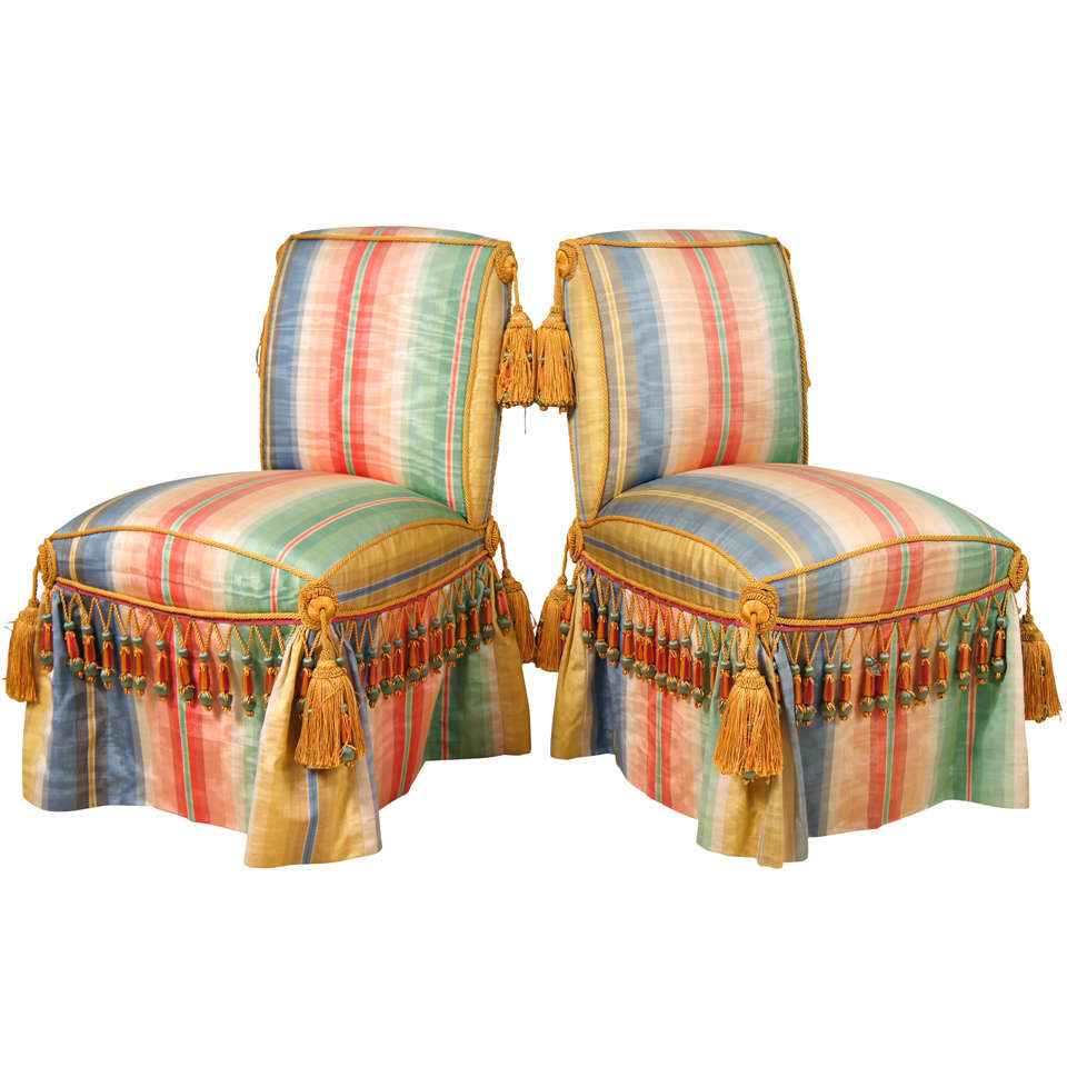 Pair Of Silk Taffeta Upholstered Slipper Chairs At 1stdibs Pair Of Silk Taffeta Upholstered Slipper Chairs For