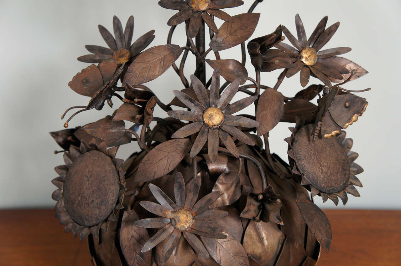 Wrought Metal Lamp with Artichokes and Sunflowers In Excellent Condition In Hudson, NY