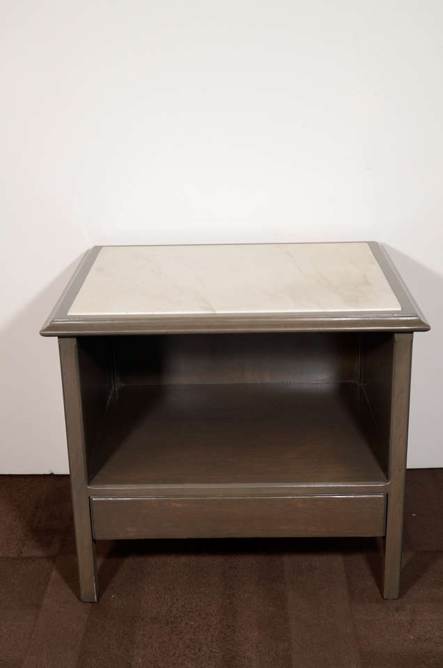 Pair of Modernist Grey Cerused End Tables with Carrera Marble Tops