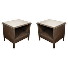 Used Pair of Modernist Grey Cerused End Tables with Carrera Marble Tops