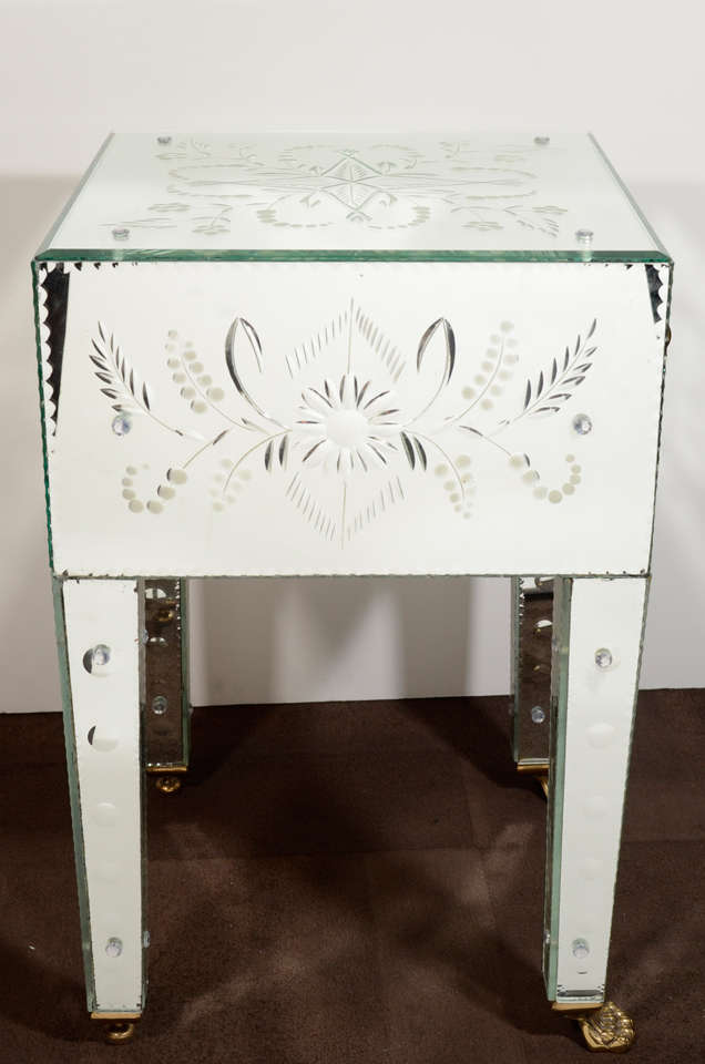 Pair of Venetian Mirrored End Tables with Reverse Etched Designs 2
