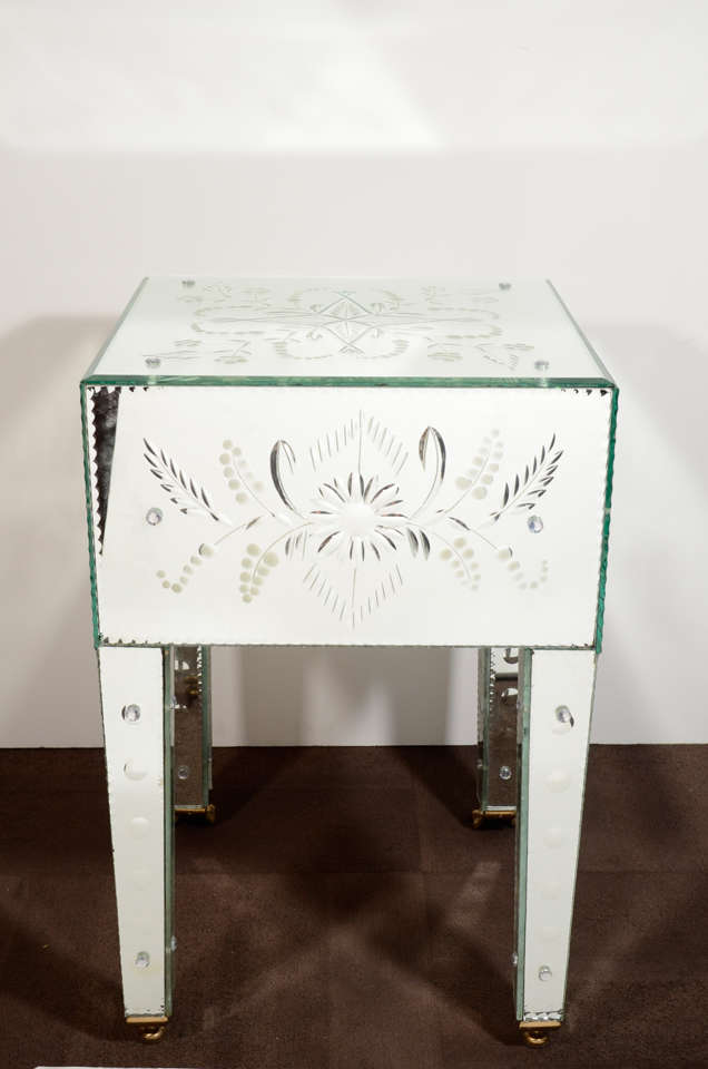 Pair of Venetian Mirrored End Tables with Reverse Etched Designs 3