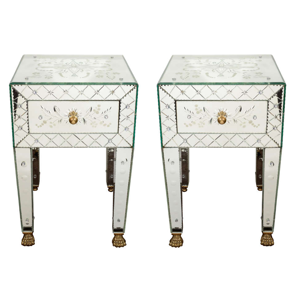 Pair of Venetian Mirrored End Tables with Reverse Etched Designs