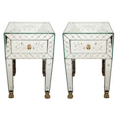 Pair of Venetian Mirrored End Tables with Reverse Etched Designs