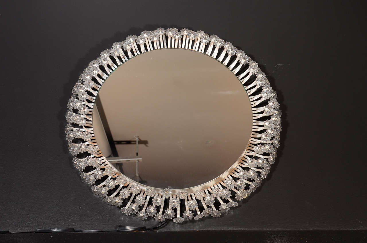 Modern Circular Illuminated Mirror with Stylized Resin Flowers