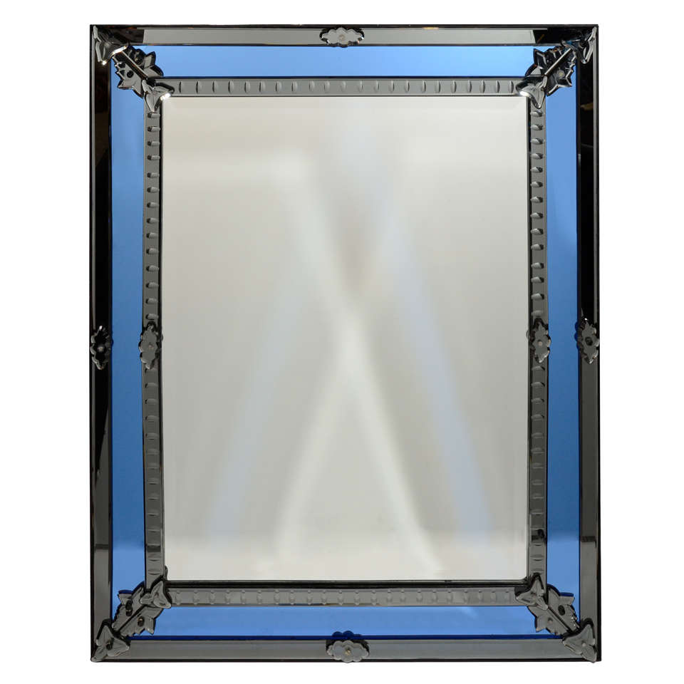 Rare and Opulent Cobalt and Smoked Grey Glass Venetian Mirror