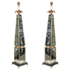 Pair of Venetian Mirror and Exotic Marble Obelisks Candelabras