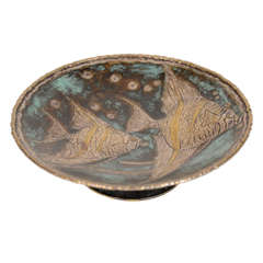 Exquisite Silvered Bronze Footed Bowl with Fish Design by Loys