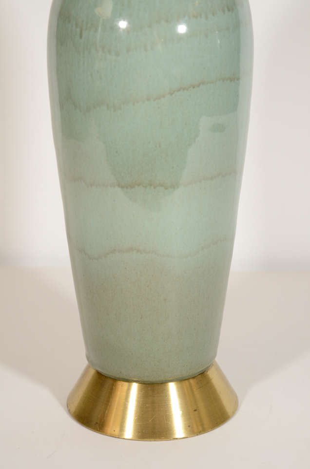 Mid-Century Modern Pair of Elegant Ceramic Lamps in Gradient Seafoam Glaze Finish