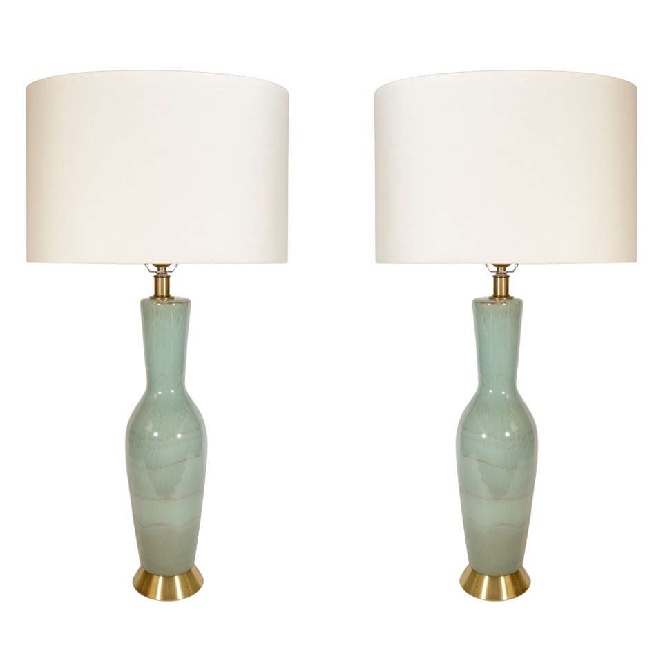 Pair of Elegant Ceramic Lamps in Gradient Seafoam Glaze Finish