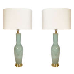 Pair of Elegant Ceramic Lamps in Gradient Seafoam Glaze Finish