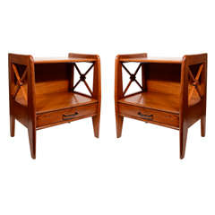Vintage Pair of Modernist End Tables in Oak Designed by Jacques Adnet