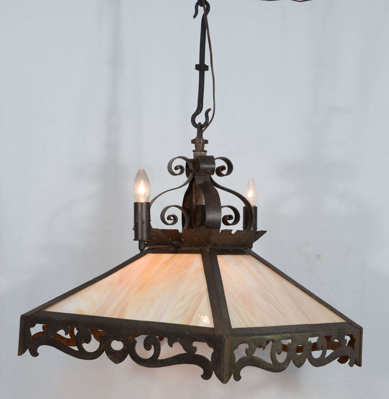 English Combination Rustic Gas and Electric Slag Glass Chandelier For Sale