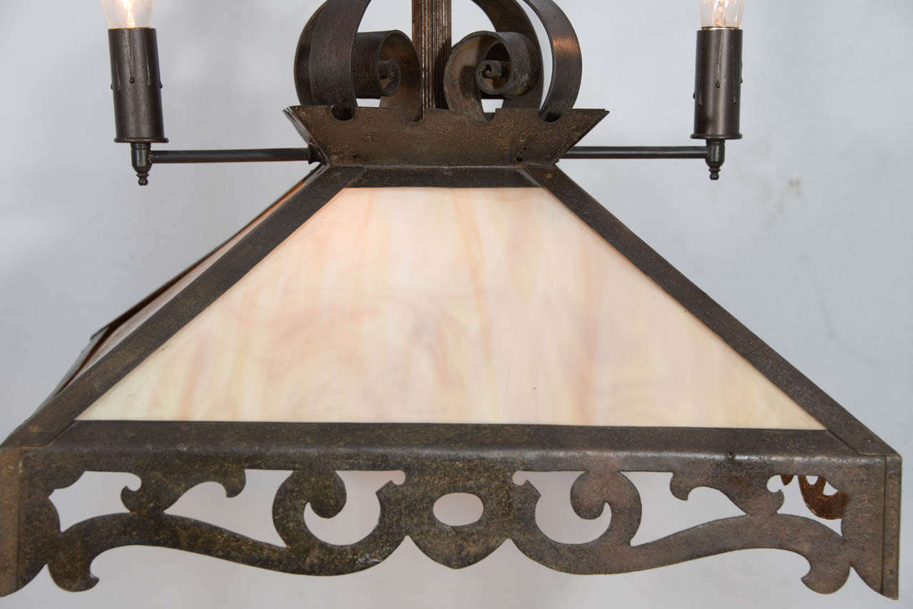 Combination Rustic Gas and Electric Slag Glass Chandelier In Good Condition For Sale In Austin, TX