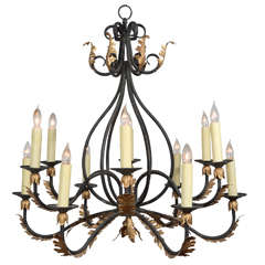 Wrought Iron, Nine-Light Iron Chandelier with Gold Leaf Acanthus Leaf Design