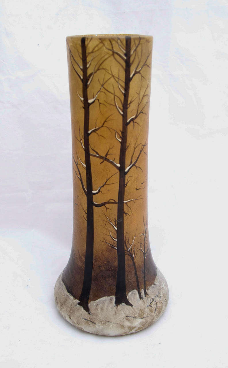 A  Winter Landscape Enameled Glass Vase by Legras, Paris circa 1910