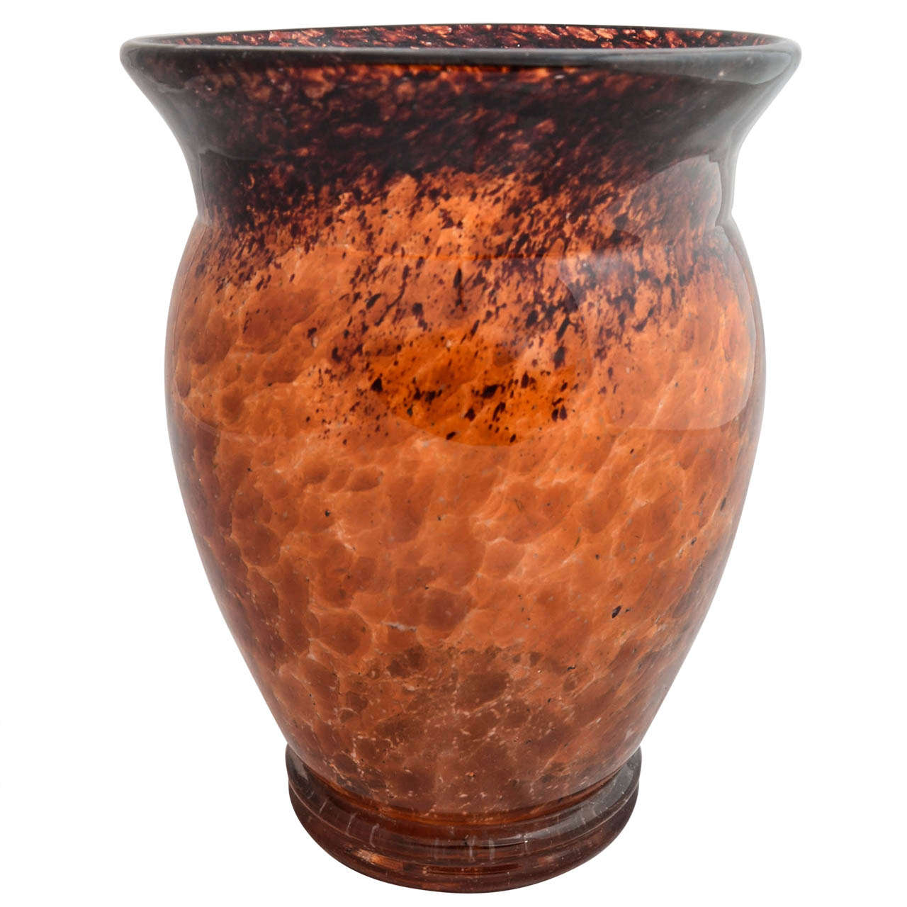 Mid Century Bohemian Art Glass Vase in Mottled Amber and Black For Sale