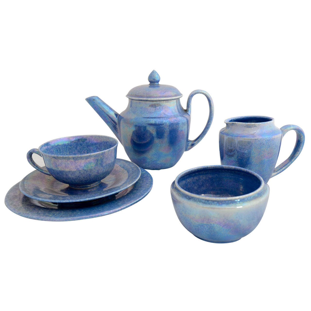 6 Piece Blue Lustreware Tea Set by The Ruskin Pottery, England 1927 For Sale