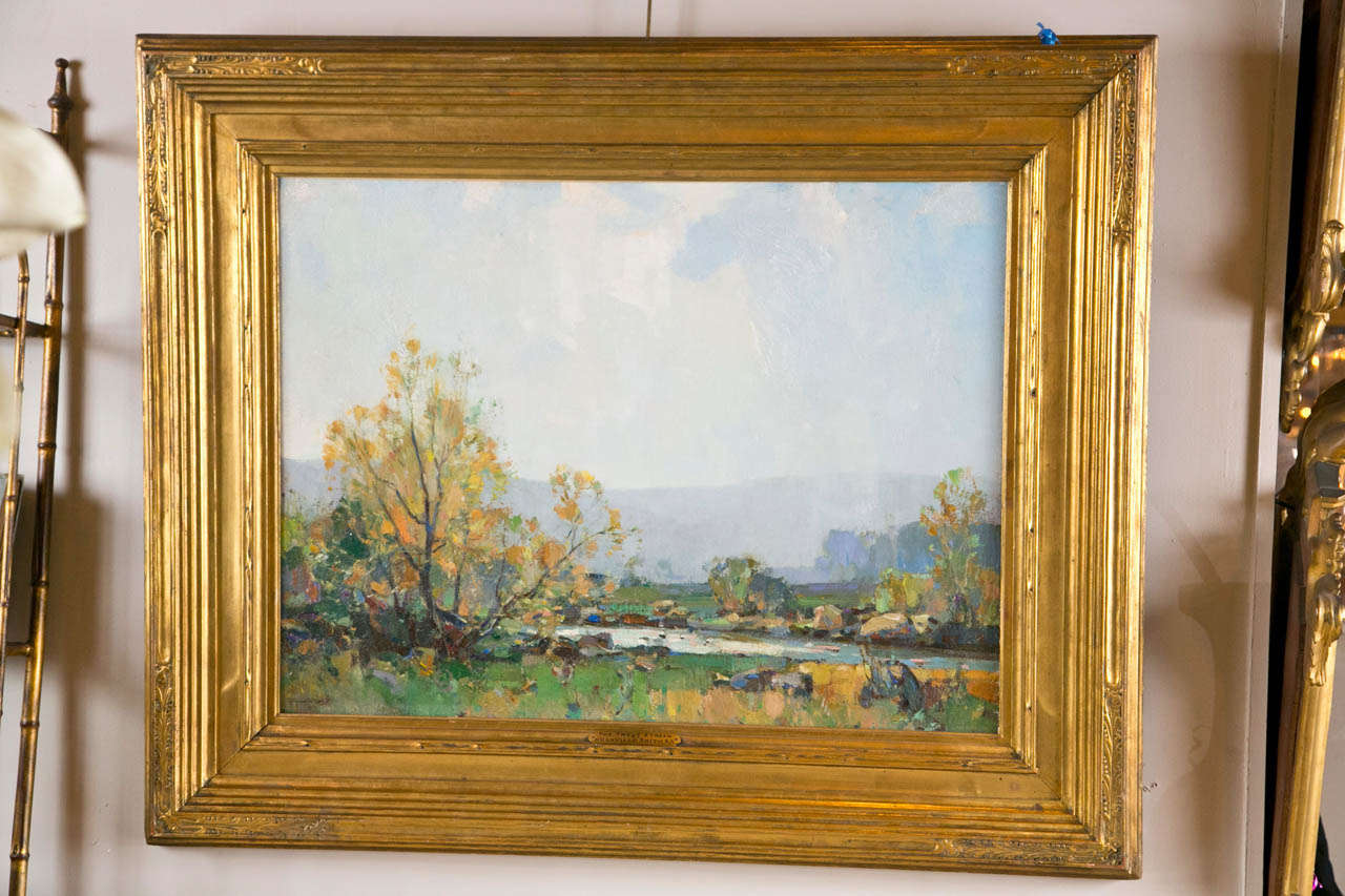 A finely detailed oil on canvas by Walter Granville-Smith (1870-1938) American. This magnificently framed piece is signed W Granville Smith and dated 1921 in the lower left corner. The canvas itself measures 24