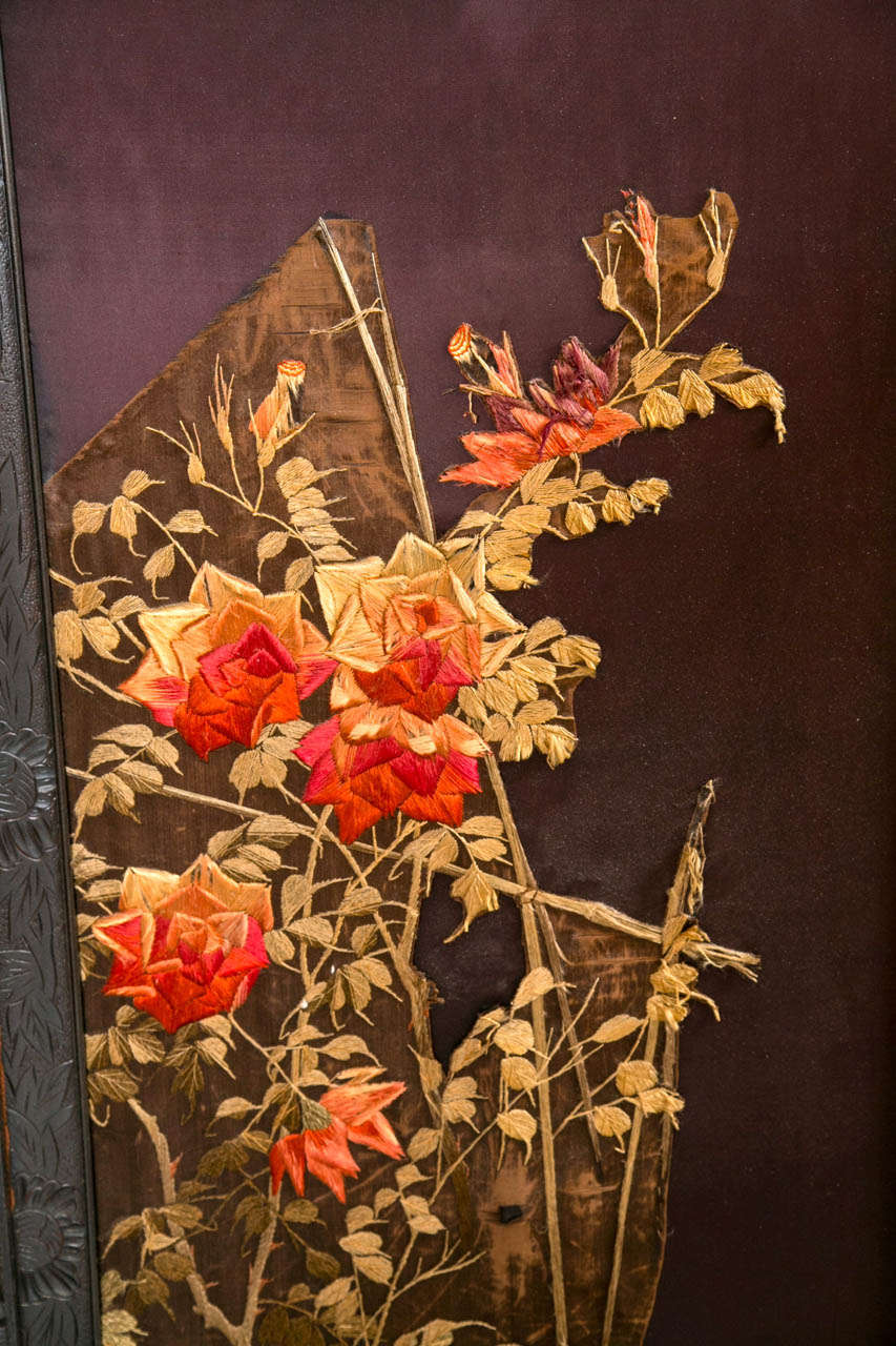 19th Century Two Panel Chinoiserie Decorated Embroidered Screens