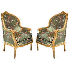 Pair of French Louis XVI Style Bergere Chairs by Jansen