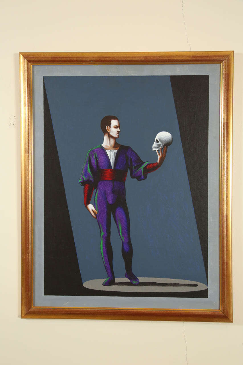 Hamlet. A small study in acrylic on canvas board for a proposed large painting by Lynn Curlee, award winning children's book author and illustrator. The painted sketch has a gilt frame.