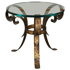 Lovely Side Table of Hammered Brass with Round Glass Top