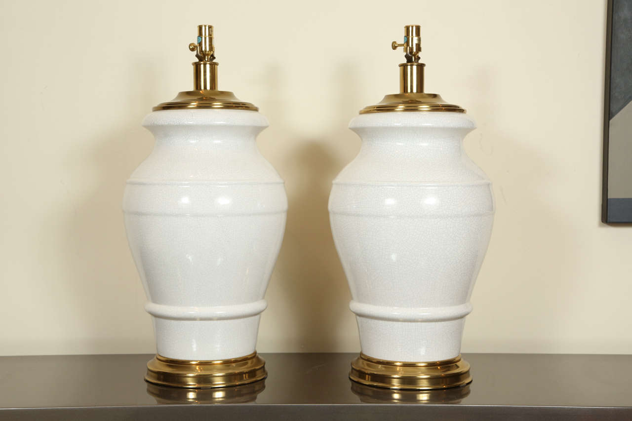 Pair of impressive and monumental ceramic table lamps by Paul Hanson
The ceramic lamp bodies have  a wonderful crackled glaze finish.