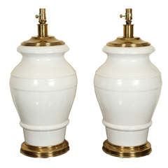 Pair Of Impressive Monumental Ceramic Table Lamps With Brass Fittings.