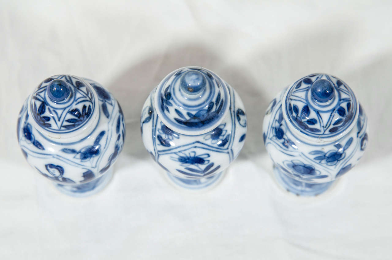 Three Small Kangxi Blue and White Chinese Porcelain Covered Vases 3