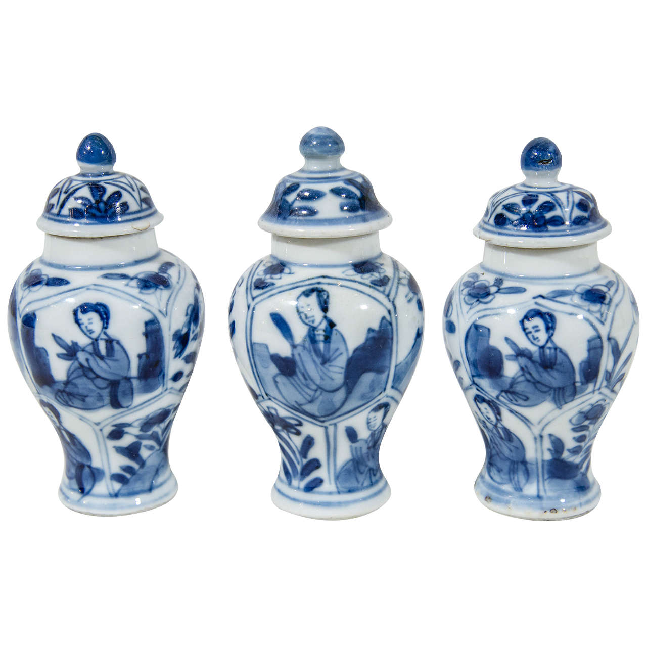 Three Small Kangxi Blue and White Chinese Porcelain Covered Vases