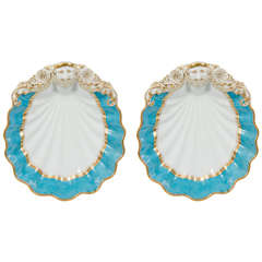 Antique Pair of Paris Porcelain Turquoise Shell Shaped Dishes