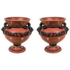 Pair of Antique Continental Neo-Egyptian Ceramic Urns