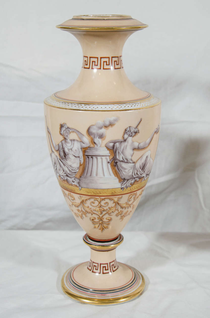  English Neoclassical Porcelain Vases Greek Figures & Greek Key Made circa 1820 In Excellent Condition In Katonah, NY