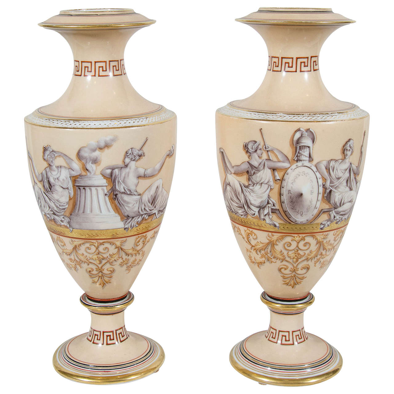  English Neoclassical Porcelain Vases Greek Figures & Greek Key Made circa 1820