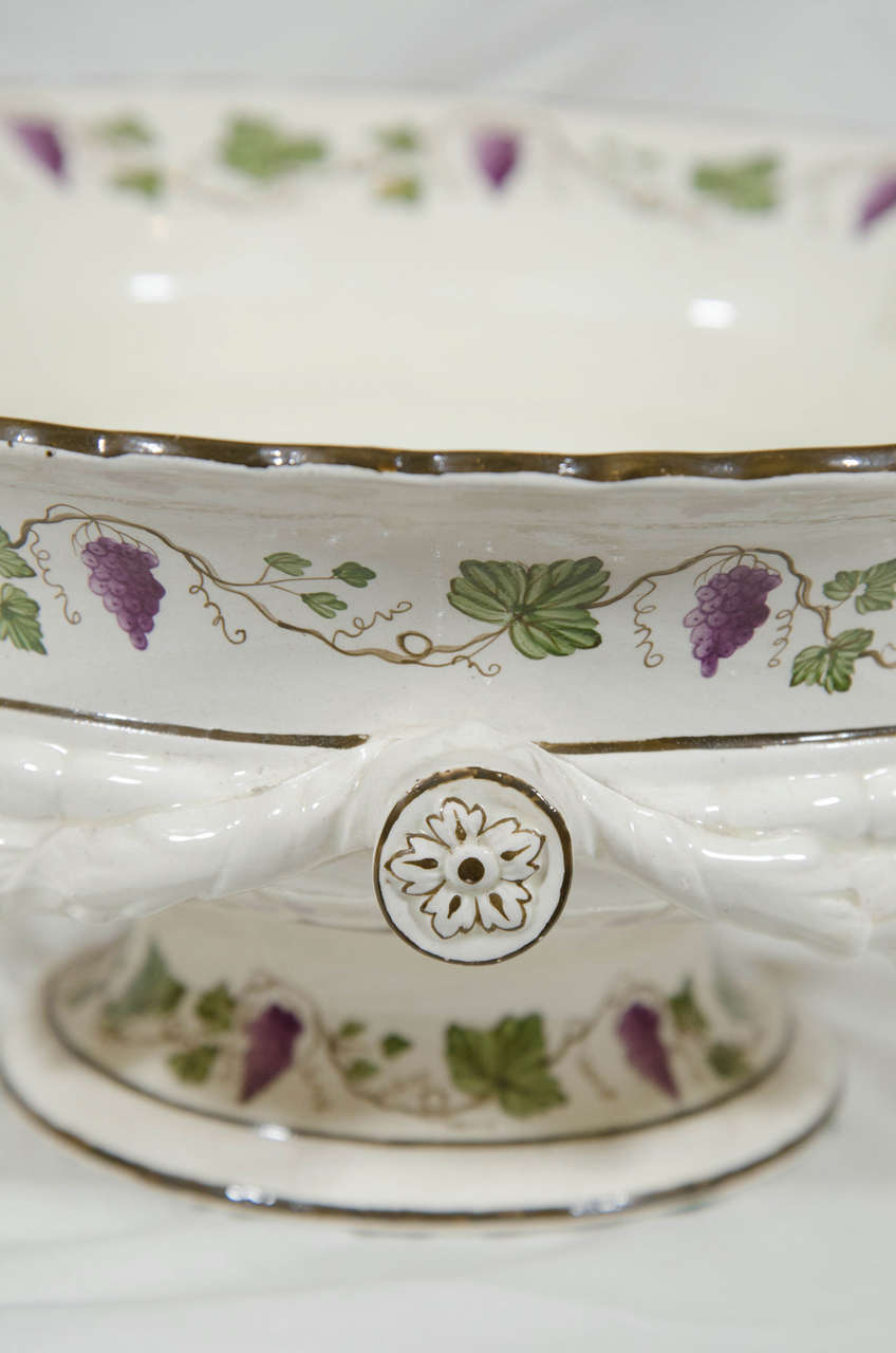 Glazed Large Antique Wedgwood Creamware Bowl with Purple Grapes 